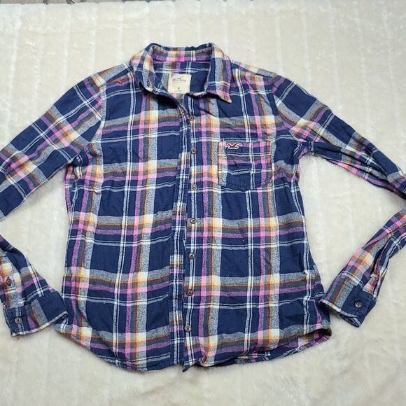 Hollister Blue Plaid Soft Flannel Roll up Long Sleeve Shirt Button Down Medium - Picture 8 of 10